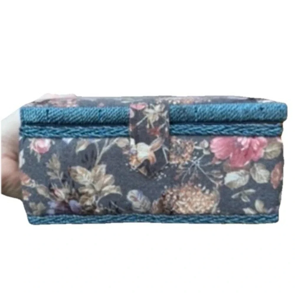 Vintage Sewing Basket Fabric Floral‎ Pattern Storage Box Blue Roped Top Handle